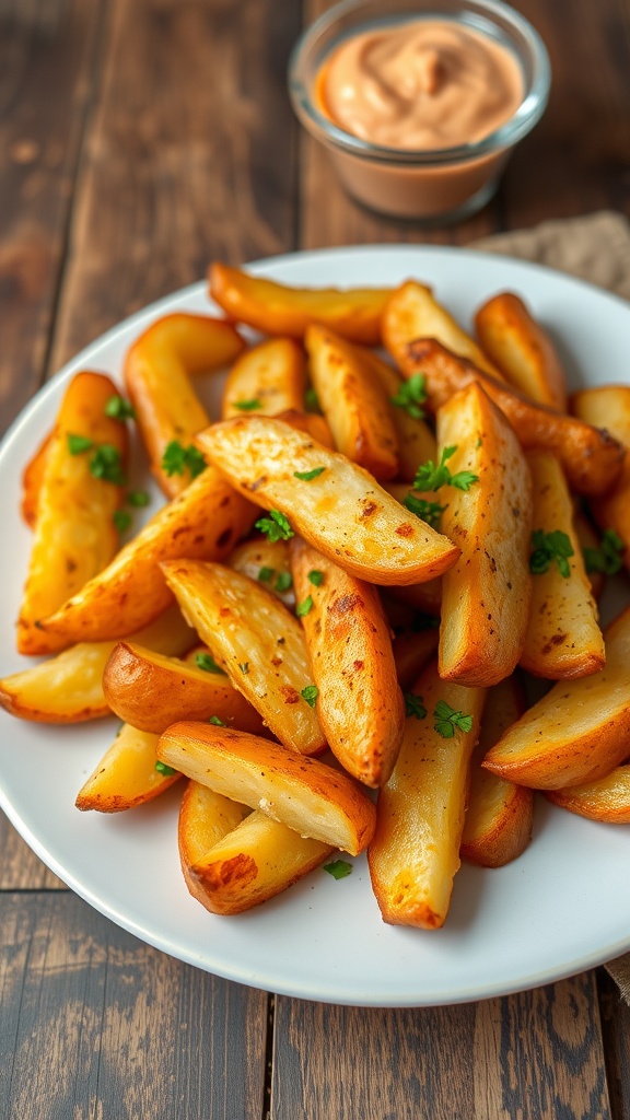 Crispy potato wedges on a plate, seasoned and garnished with parsley, served with dipping sauce.